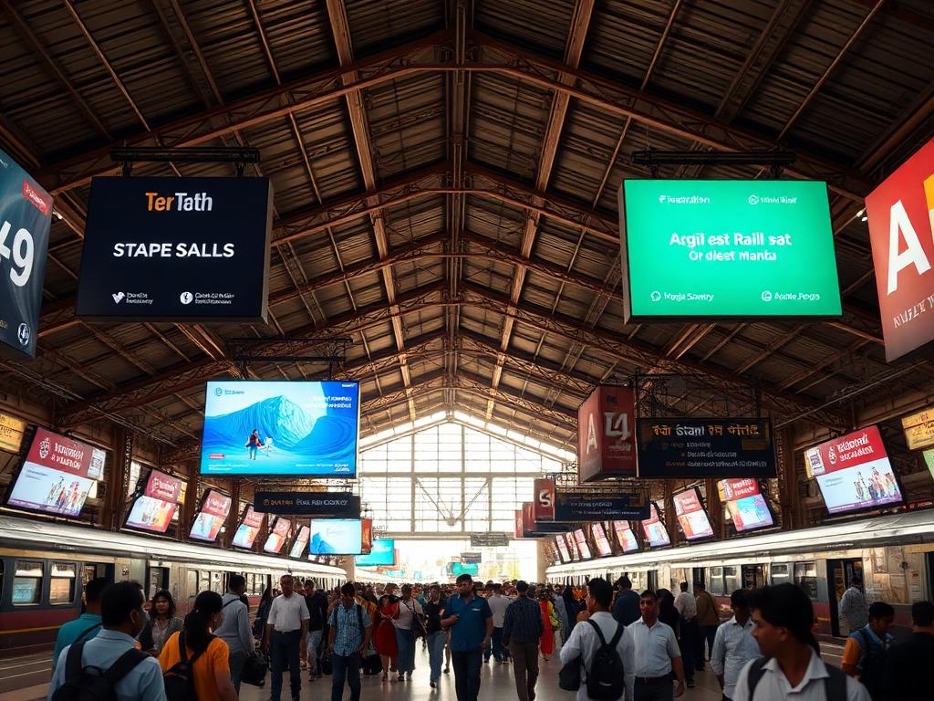 Busy Indian railway station concourse with multiple digital advertising screens and hoardings above crowds of travellers