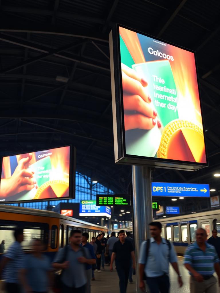 Digital advertising screen displaying a brand ad at a busy Indian railway station