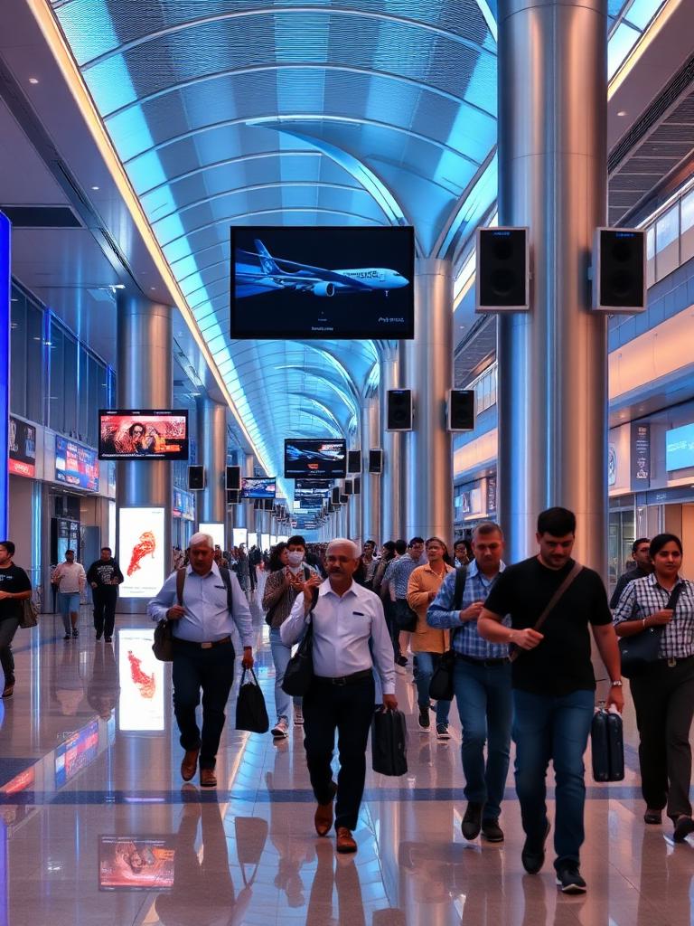 Travellers walking past media pillars with mounted screens in a modern Indian airport terminal